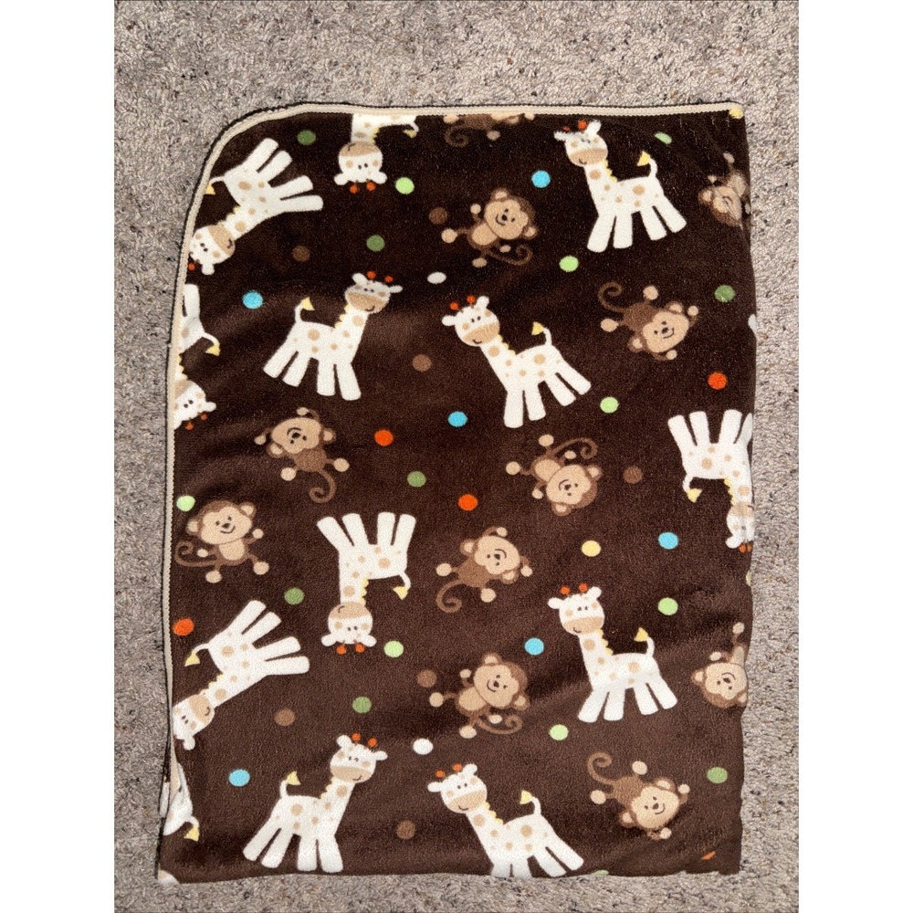 Just Born Baby Blanket Lovey Brown Jungle Animal Monkey Giraffe Dots Tan Sherpa